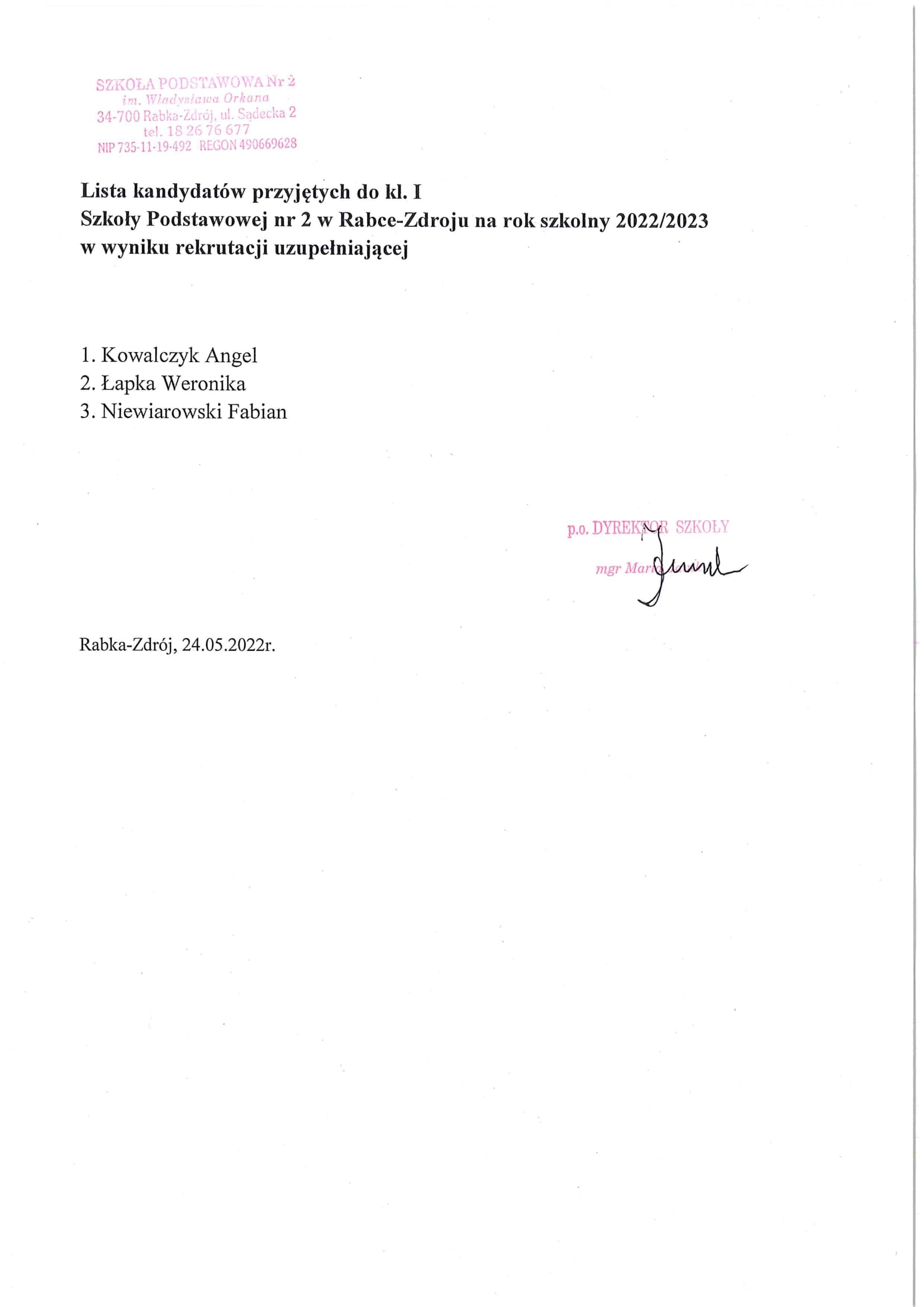 lista kandydatów przyjętych do kl. I 1