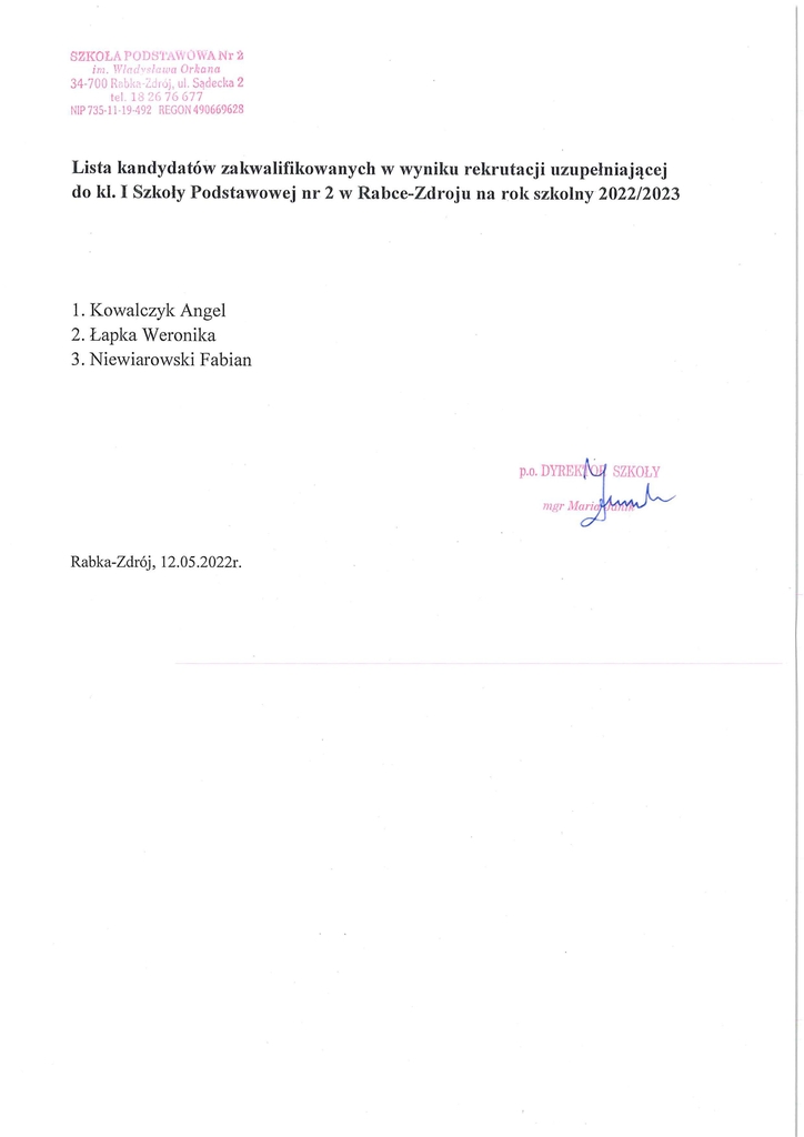 lista kandydatów zakwalifikowanych w wyniku rekrutacji uzupełniającej do kl. I